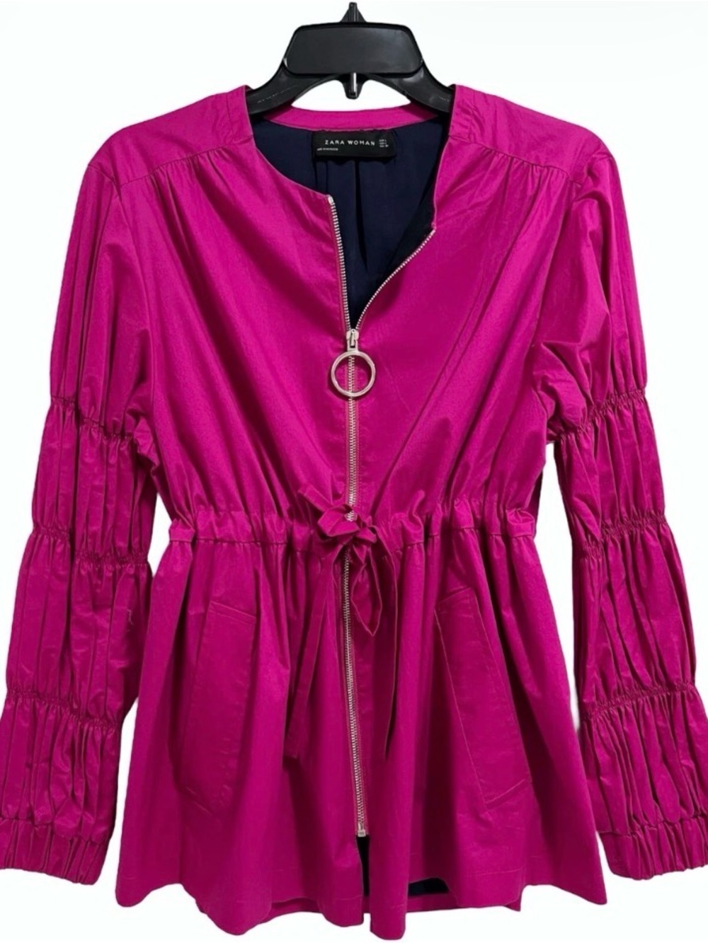 Zara Magenta Swing Jacket with Ruffled Accordion Sleeves.
